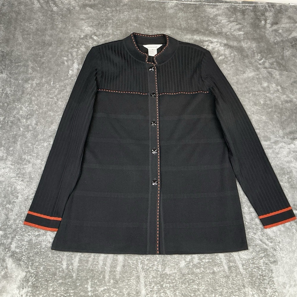 Exclusively Misook Acrylic Knit Cardigan Sweater Jacket Black W/ Rust Stitch Med